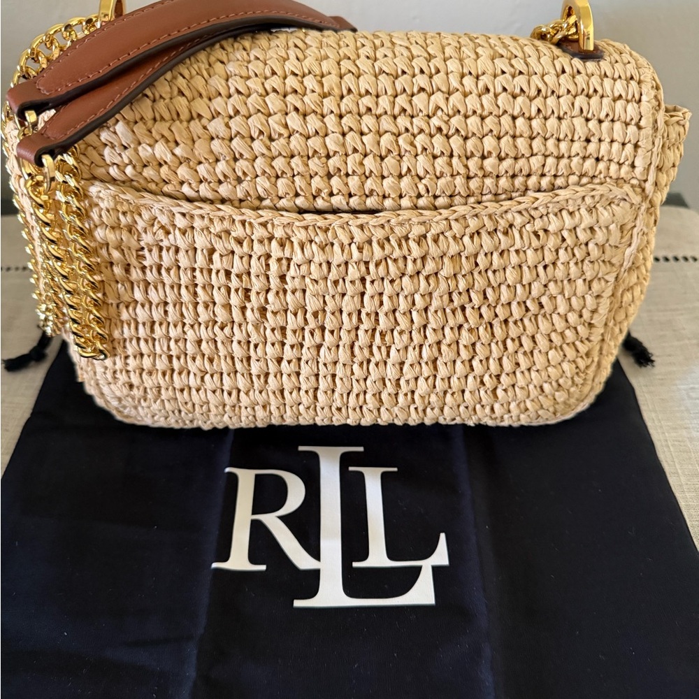 Ralph Lauren Natural Straw Shoulder Bag with Gold Chain - Picture 6 of 14